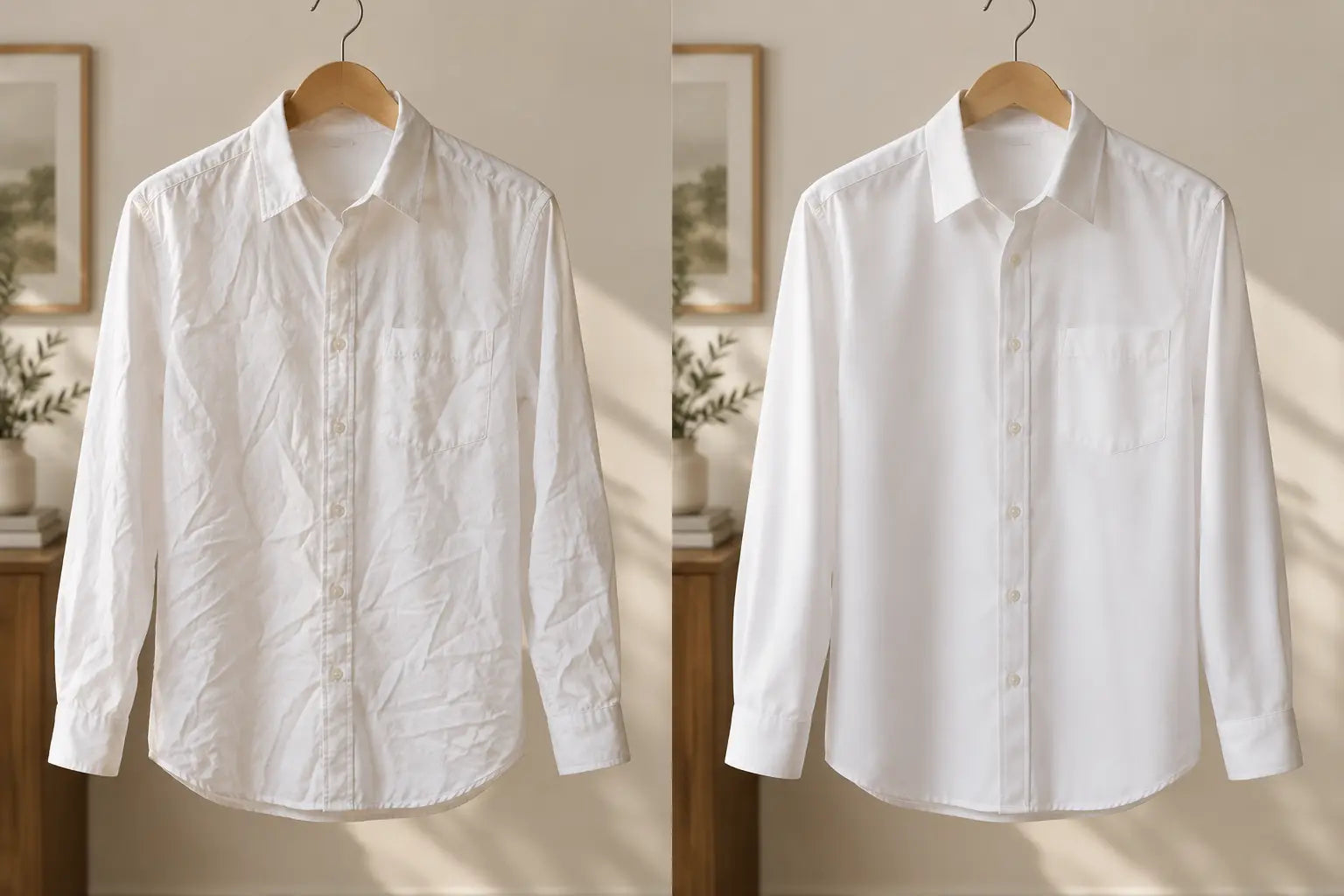 Before and after comparison of the same white dress shirt, wrinkled and freshly steamed
