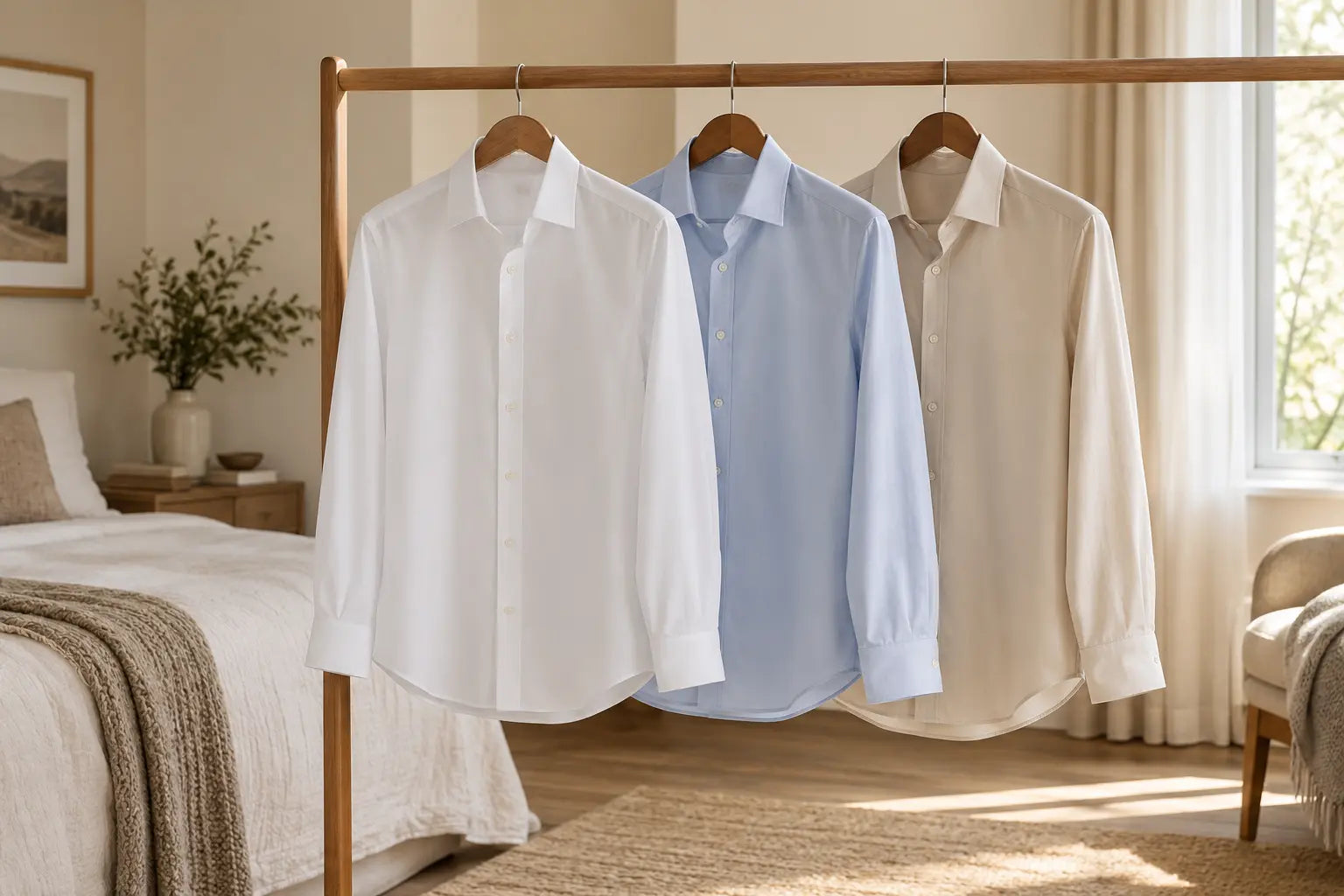 Three freshly steamed dress shirts hanging neatly and ready to wear